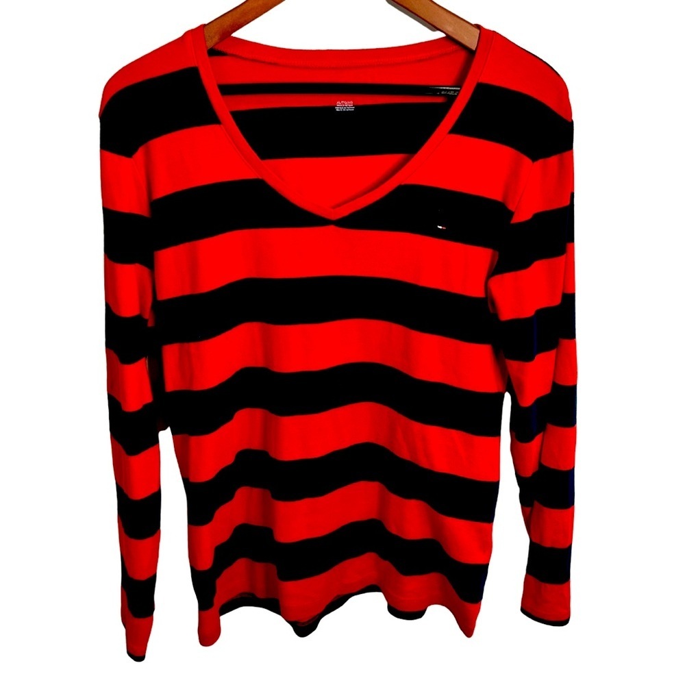 Tommy Hilfiger | V-neck Long Sleeve Top | Blue & Red Stripes | Size XL